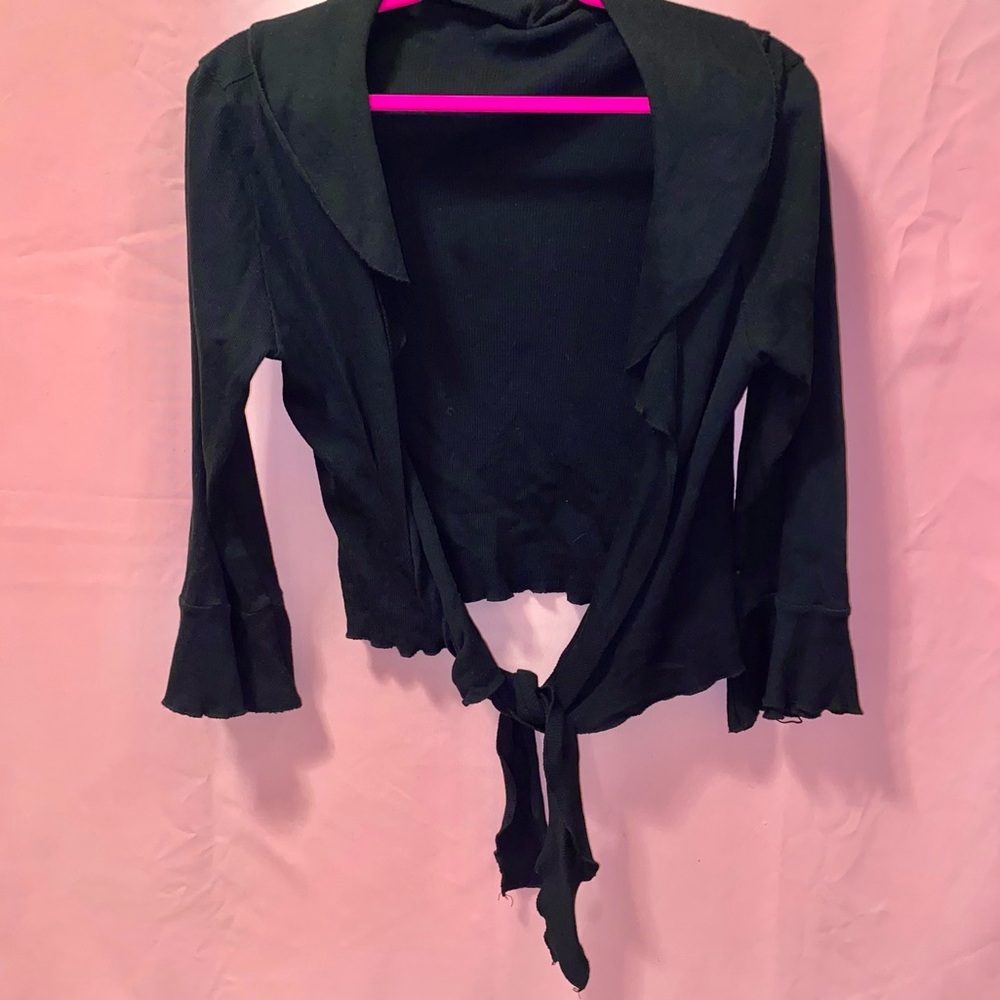 Black Tie-Front Ruffle Long Bell Sleeve Extra Large Top Festival Forever 21 XL - Picture 1 of 4